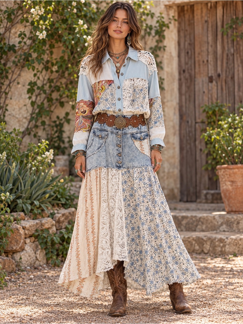 H241 Set Pol S Top ptp26 Maxi Denim Skirt L w16-18 Patchwork - Light Blue